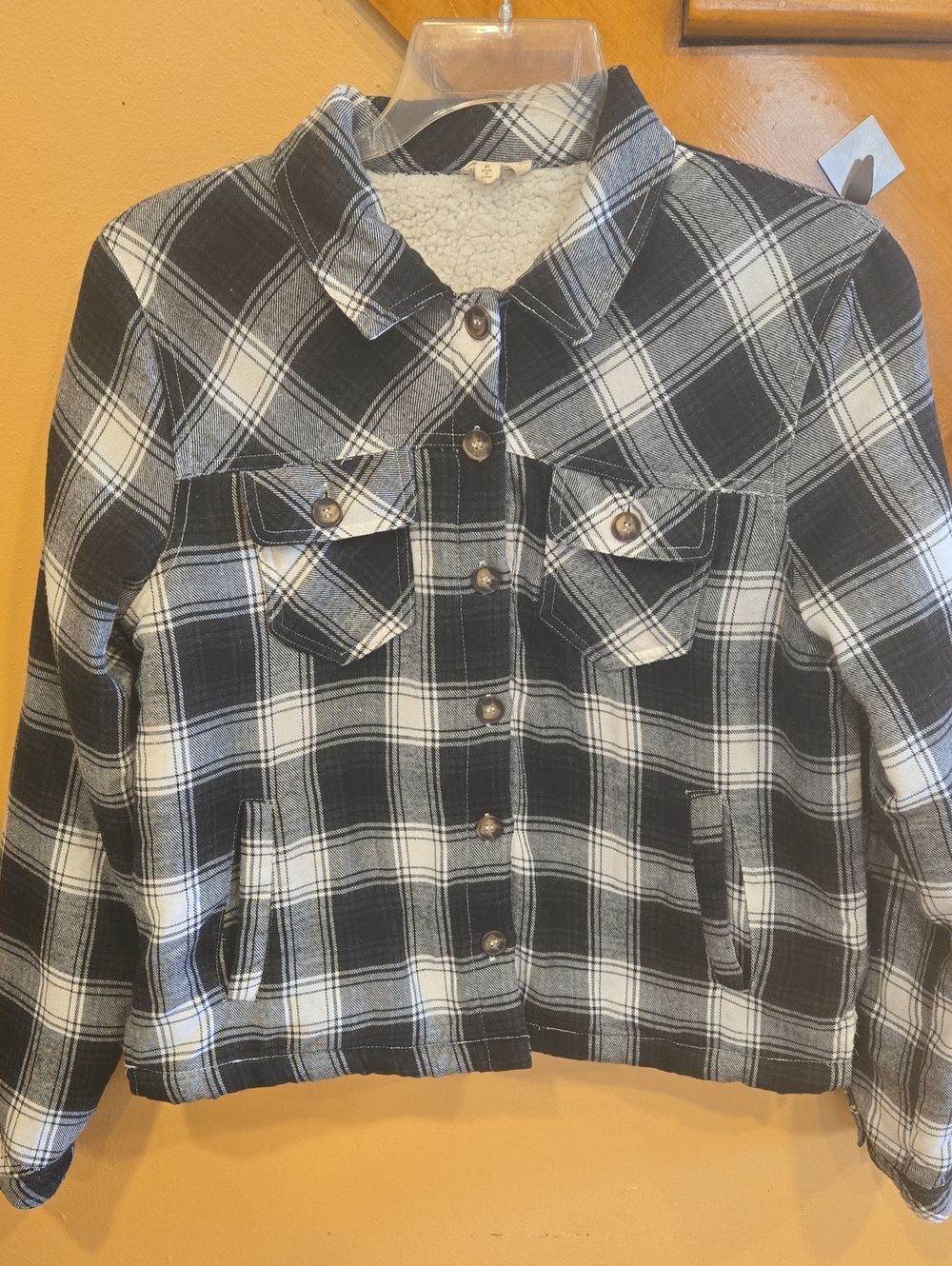 Hem & Thread Black and White Plaid Sherpa-Lined Jean Jacket
